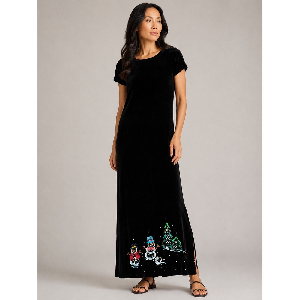 Michael Simon Velvet Dress Medium Black Snowman Christmas‎ Holiday Maxi